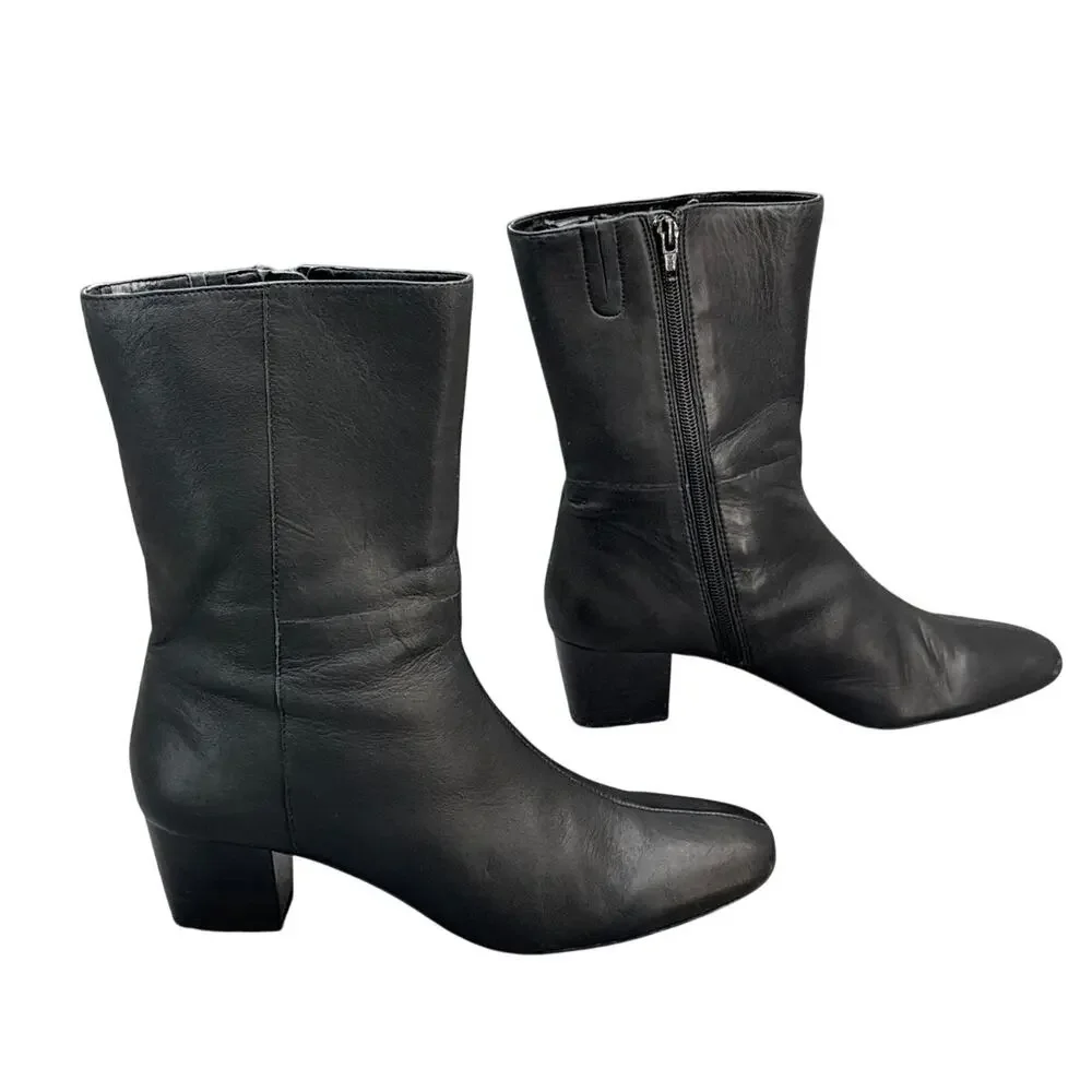 Antonio Melani Black Leather Block Heel Side Zip Ankle Boot Women 8